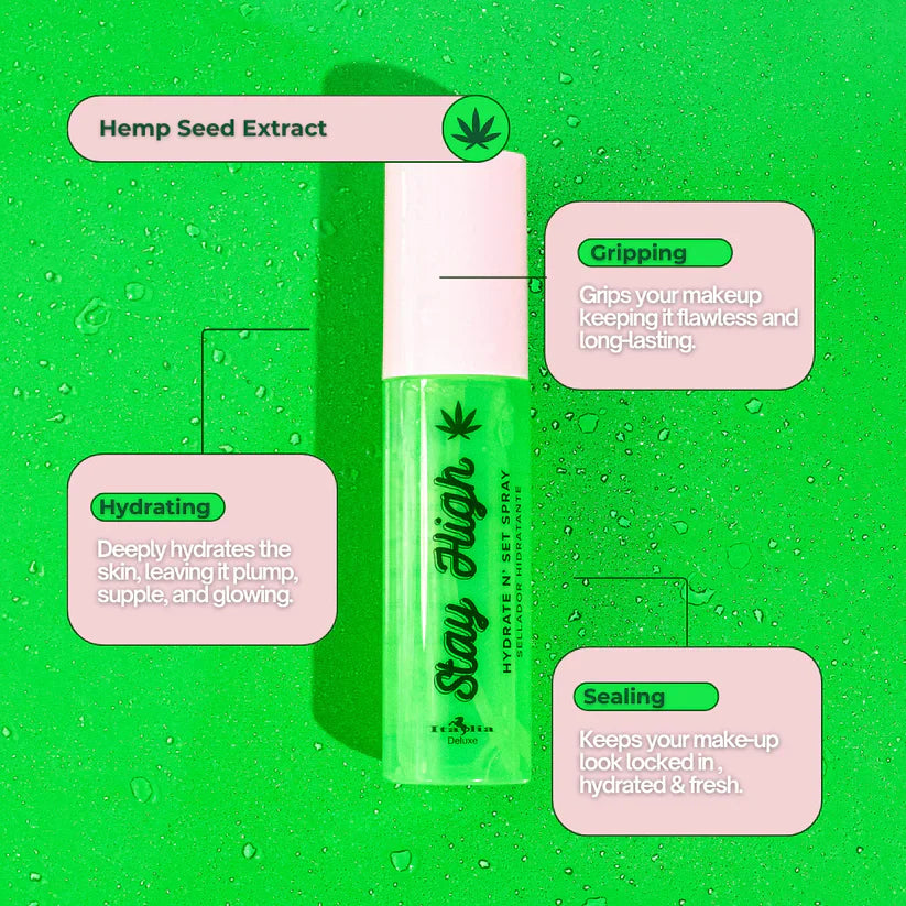 Italia Deluxe Stay High Hydrate & Set Spray Fijador Hidratante Con Cañamo, Acido Hialuronico, y Aloe Vera