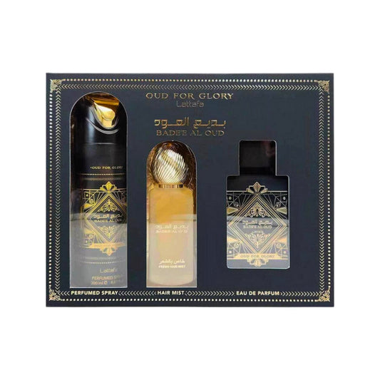 Lattafa Oud For Glory Set De Perfume UNISEX - Estuche De 3 Piezas